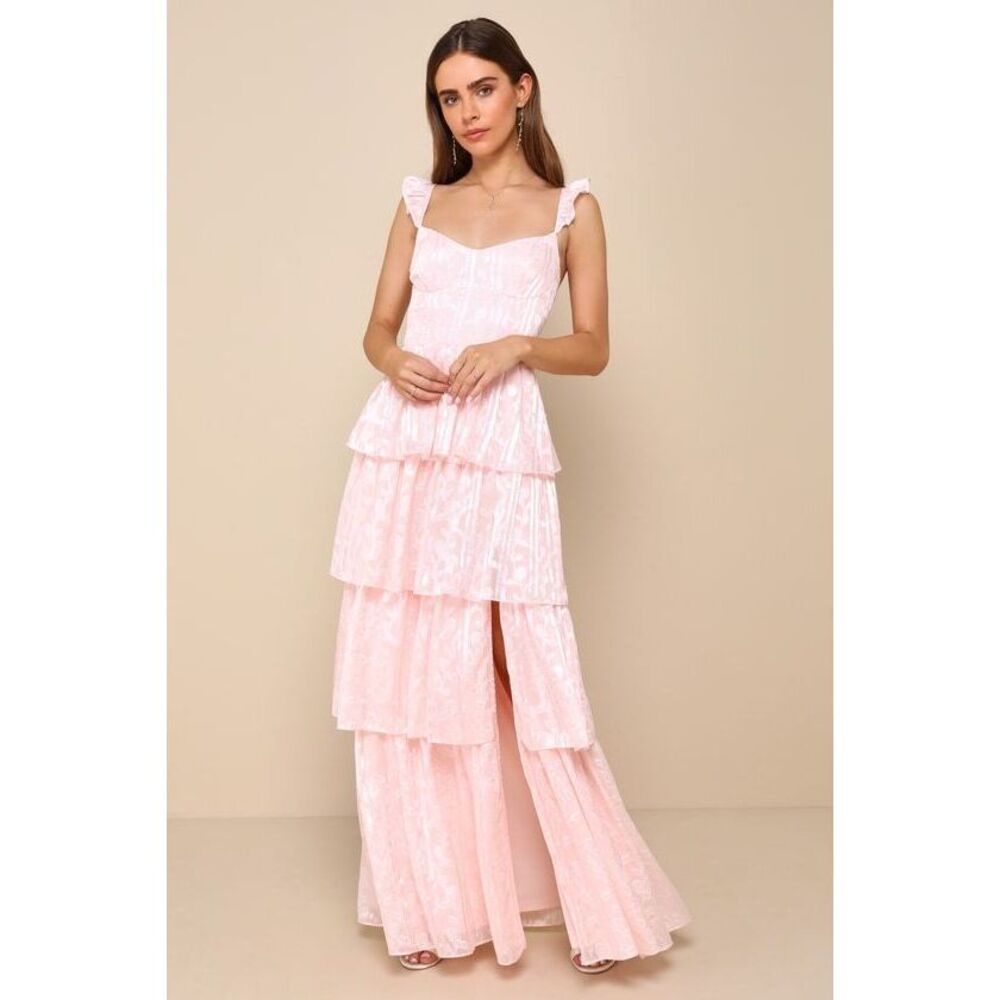 Lulus Stunning Glory Light Pink Floral Jacquard Tiered Maxi Dress - Size 1X